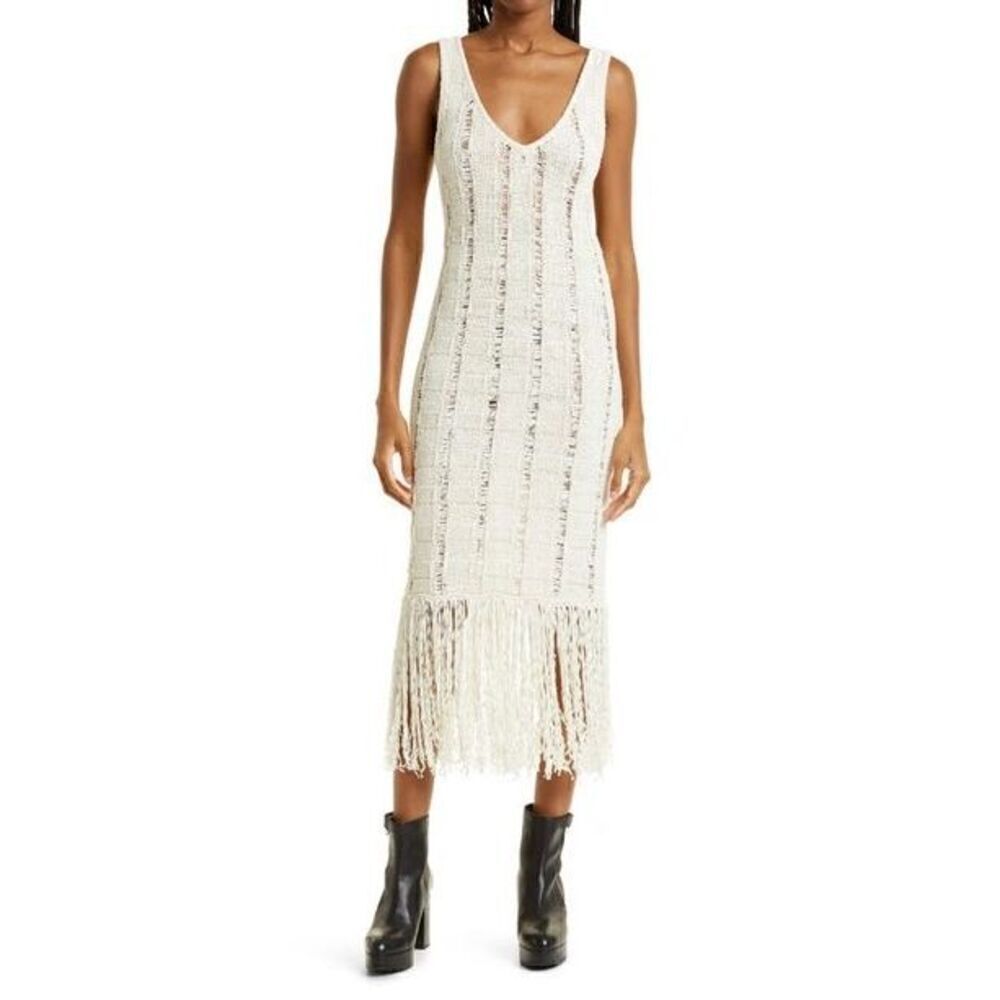 Remain Women's Ivory Crochet Knit Fringe Hem Midi Dress Size 10 NWOT